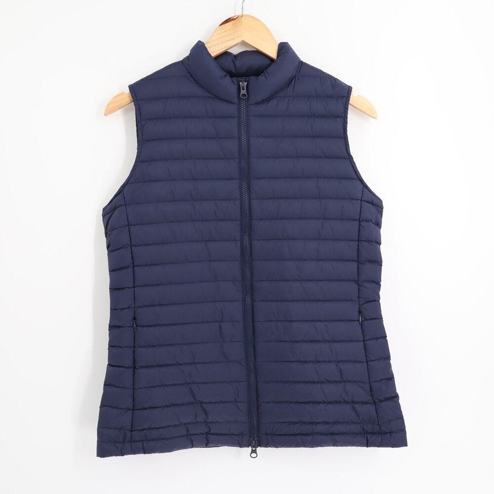 J McLaughlin Down Puffer Vest Sz M Navy Ultralight Full Zip Packable Goose Down